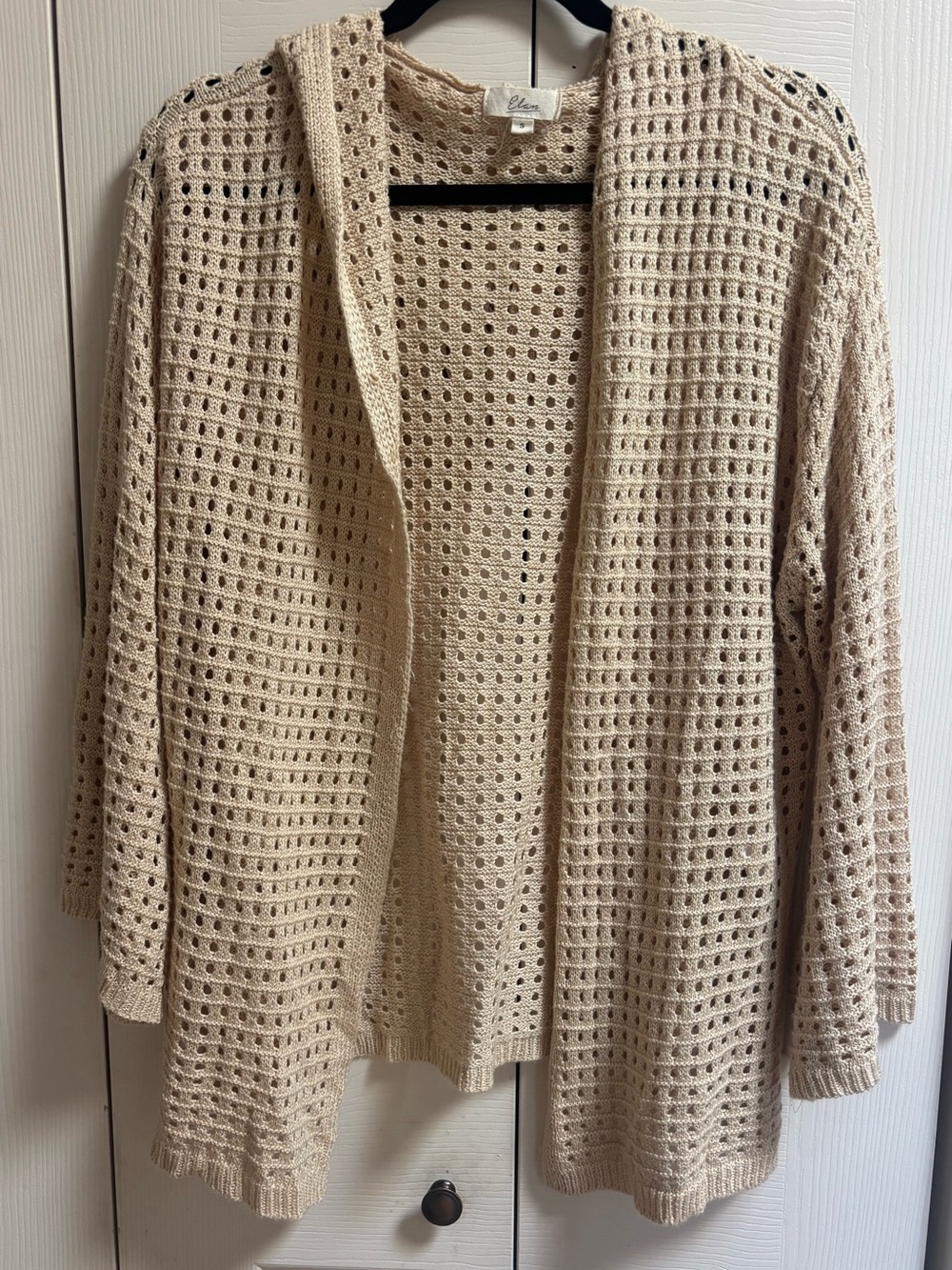 Elan Open-Weave Knit Hooded Cardigan - Beige - Bell Sleeves Size Small - Medium